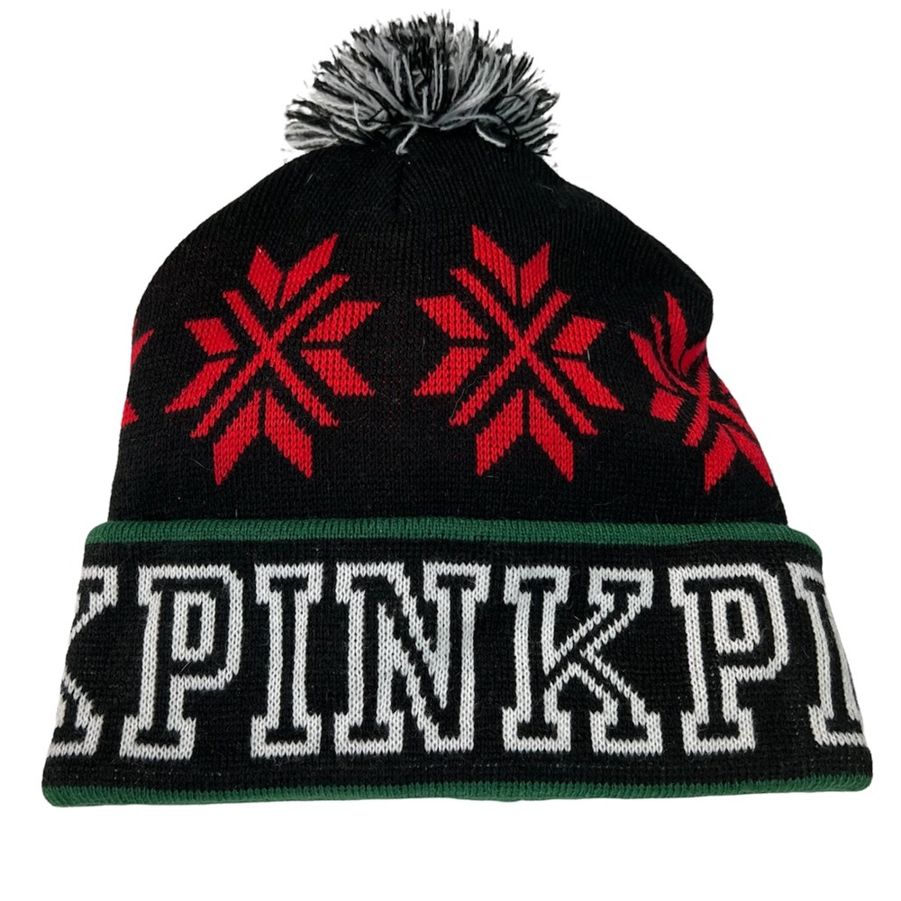 PINK Victoria’s Secret Hat Beenie Christmas Pom Pom Snowflakes Warm Wint…
